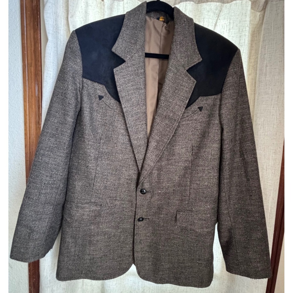 VTG Pioneer Wear Mens 44 Western Blazer Brown Tweed Suede Yoke Coat USA Cowboy
